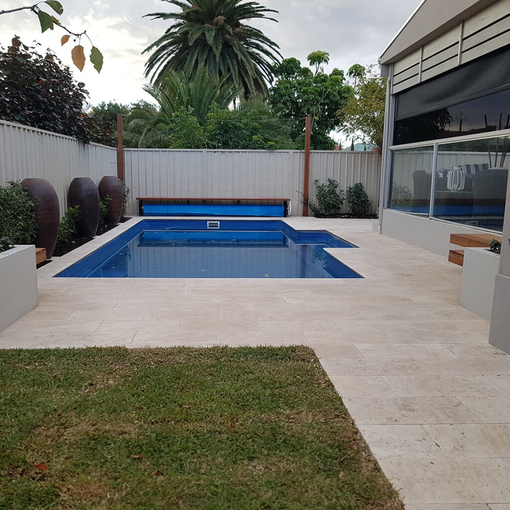 Medium Light Travertine Pool Area Pavers | Pavers 600 x 300 Bullnose Copers